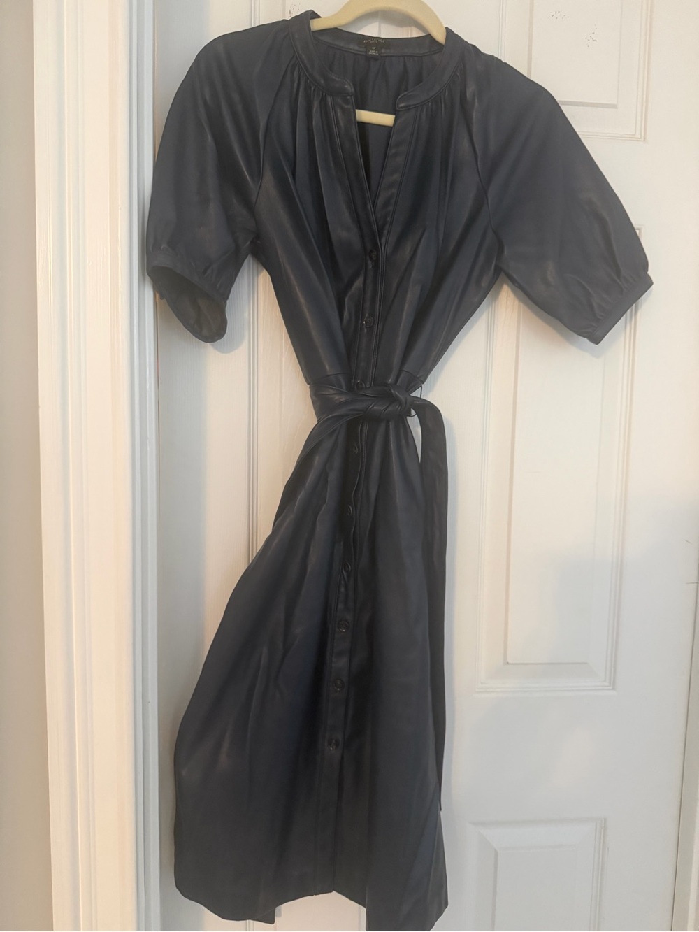 Ann Taylor Navy Faux Leather Button-Front Midi Dress with Tie Waist